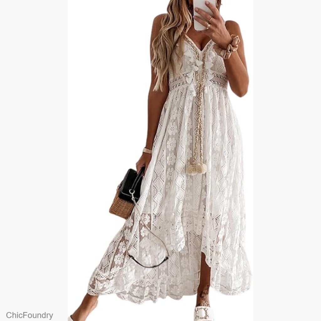 Sleeveless Lace Maxi Dress With Tassel Detail, Adjustable Straps, Smocked Back